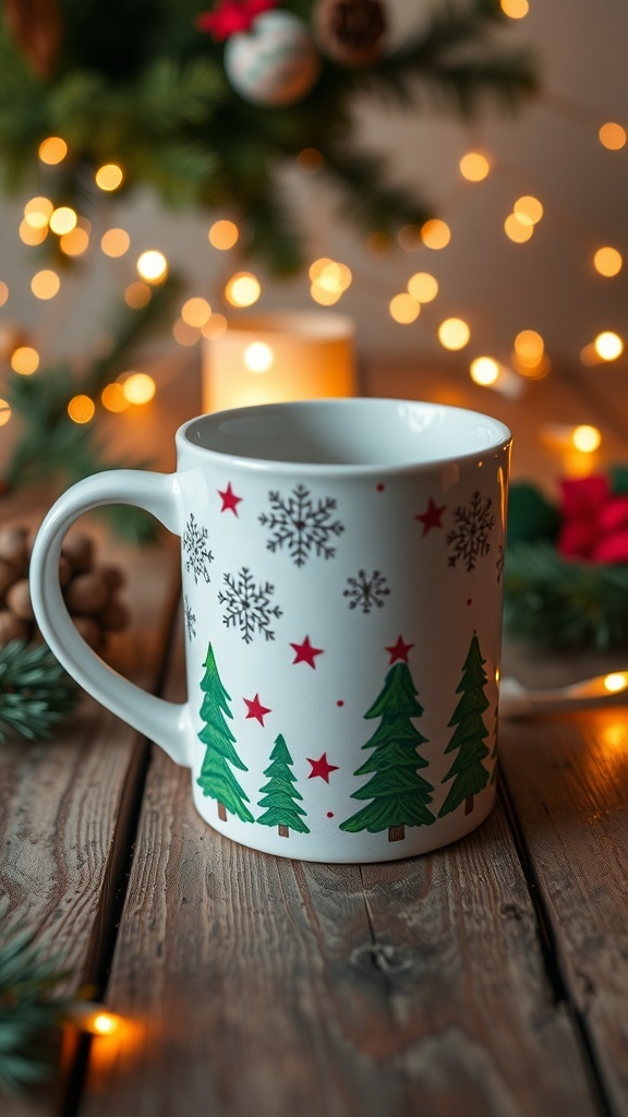 A colorful Christmas-themed mug with snowflakes and trees on a wooden table with holiday decorations.